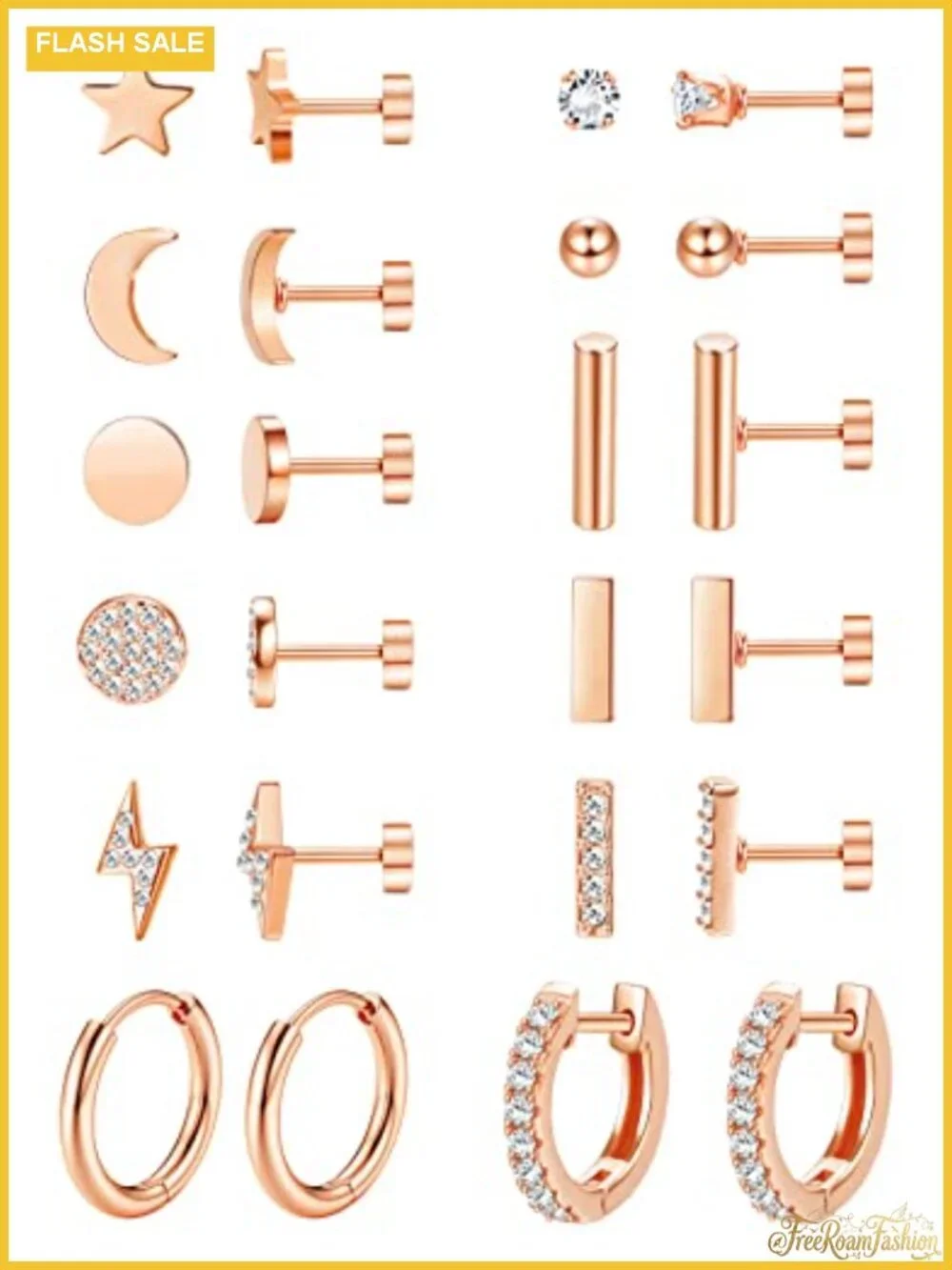 12 Pairs Hypoallergenic Flat Back Stud Earrings Set 14k Gold Plated Stainless